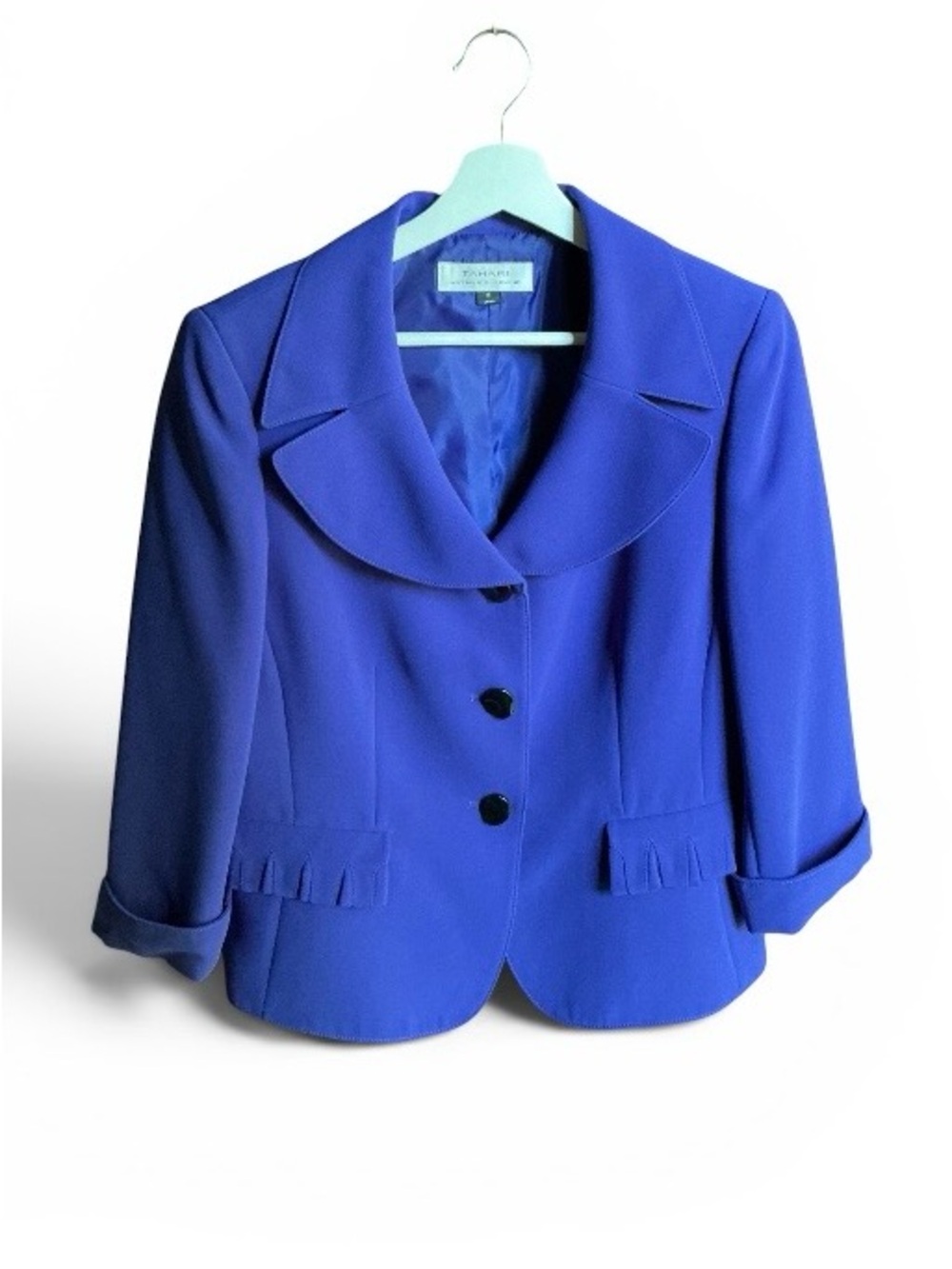 Tahari ASL Vibrant Royal Blue Three-Button Tailored Blazer with 3/4 Sleeves